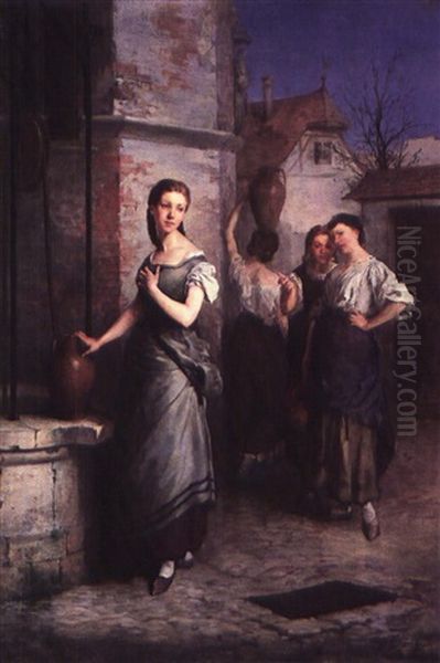 Margarita At The Fountain Oil Painting by Juan Antonio Gonzalez