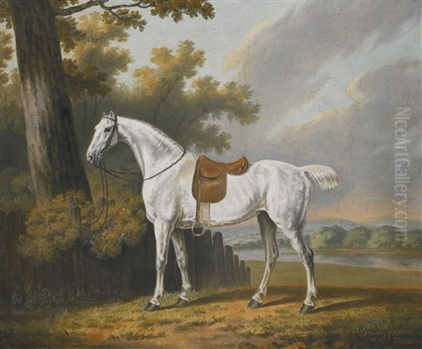 A Saddled Grey Hunter, The Property Of Nicholas Smythe Of Condover Hall, Shropshire, Tethered To A Post In A Wooded River Landscape Oil Painting by Thomas Gooch