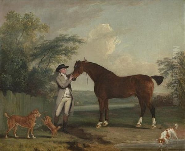 Portrait Of A Gentleman In A Grey Coat, With His Hunter, Before An Open Landscape Oil Painting by Thomas Gooch