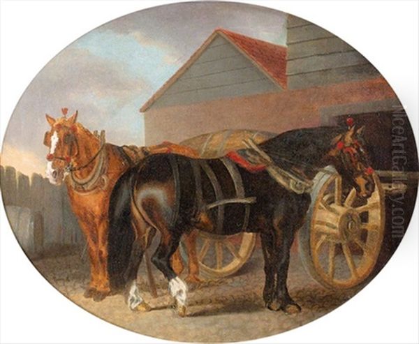 Carthorses In A Brewers Yard Oil Painting by Thomas Gooch