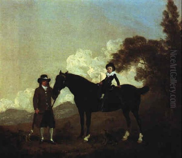 A Child On A Hunter Held By A Groom And Two Terriers In A Landscape Oil Painting by Thomas Gooch