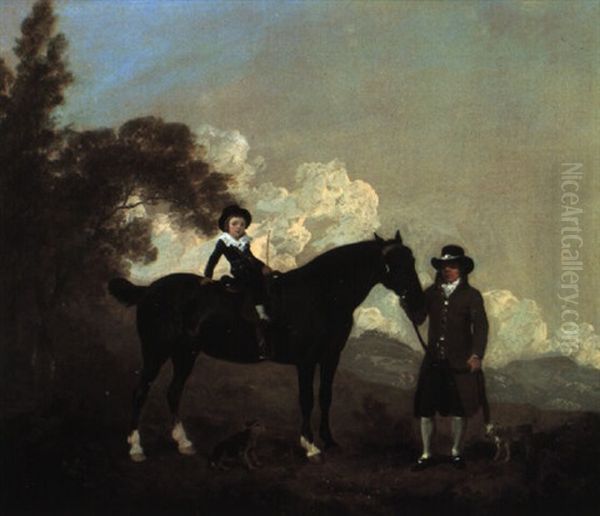 Child On Hunter Held By A Groom And Two Terriers In A Landscape Oil Painting by Thomas Gooch