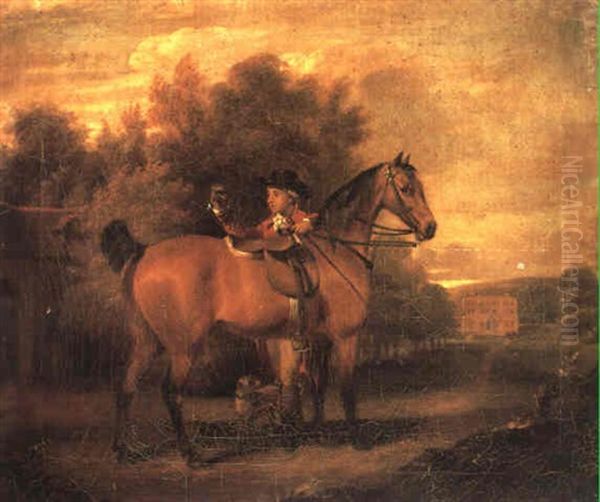 Portrait Of A Gentleman With His Bay Hunter In The Grounds  Of A Country House Oil Painting by Thomas Gooch