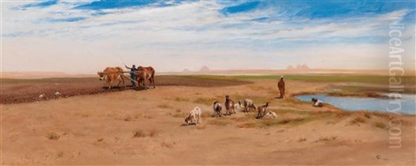 Goatherd And Labourer Near The Pyramids At Giza Oil Painting by Frederick Goodall