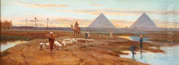 Herding Sheep Along The Nile At Dusk Near Pyramids Oil Painting by Frederick Goodall