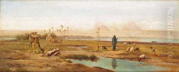 Le Troupeau Au Pied Des Pyramides Oil Painting by Frederick Goodall