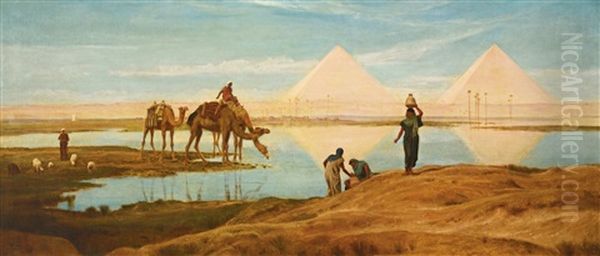 The Light Of The Rising Sun Upon The Pyramids Of Ghizeh Oil Painting by Frederick Goodall