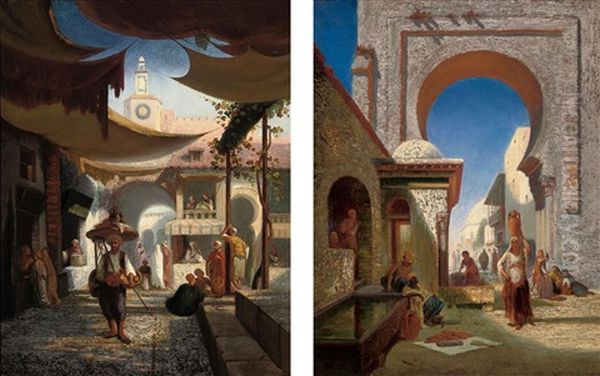 In The Souk (+ A Bustling Bazaar; Pair) Oil Painting by Frederick Goodall