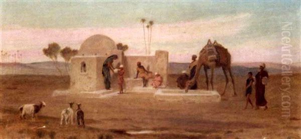 The Wayside Well And Water Trough Near Cairo (+ Shepherds At Gizeh; Pair) Oil Painting by Frederick Goodall