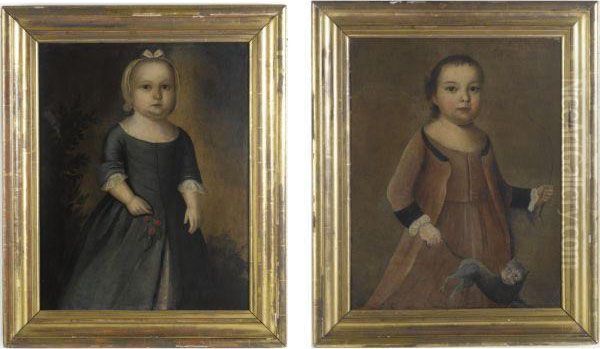 Little Girl In Green Dress Holding Cherries, A Little Boy Inrose-colored Costume Swinging A Cat: A Pair Of Portraits Of Thechildren Of The Thomas Dickman Family Oil Painting by Joseph Badger