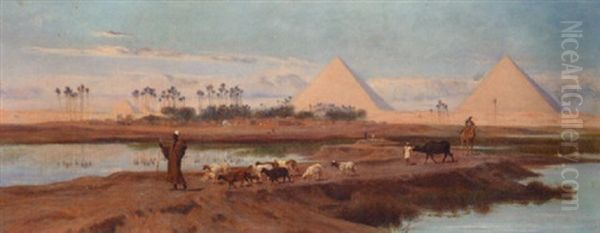 A Shepherd With His Flock Crossing The Nile Oil Painting by Frederick Goodall