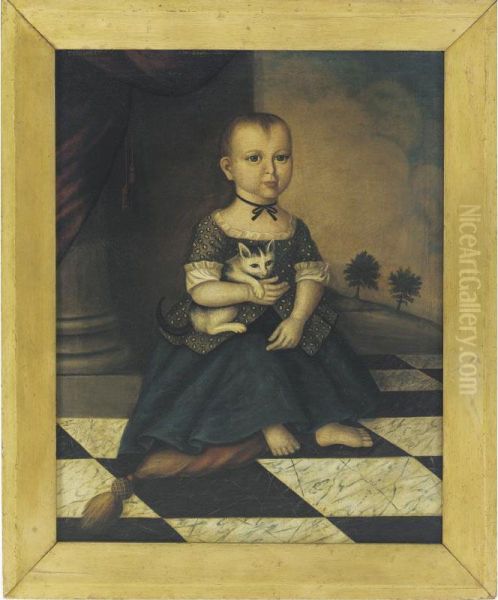 Portrait Of A Child Seated On A Marble Floor Holding A Cat Oil Painting by Joseph Badger