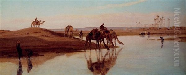 Camel Watering Oil Painting by Frederick Goodall