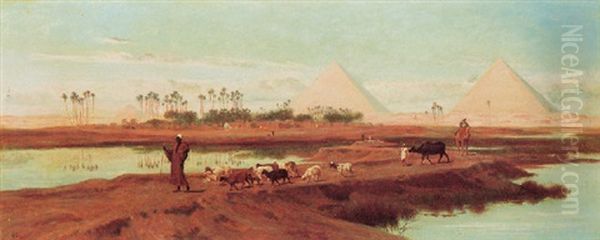 A Shepherd With His Flock Crossing The Nile, The Pyramids Beyond Oil Painting by Frederick Goodall