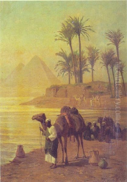 Nomaderne Holder Hvil Ved Nilens Bred, I Baggrunden Pyramiderne Oil Painting by Frederick Goodall