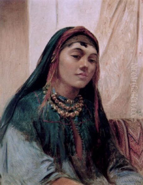 Portrait Of A Middle Eastern Girl Wearing A Blue Robe Oil Painting by Frederick Goodall