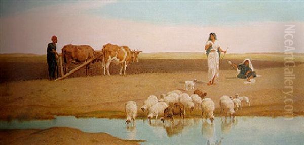 Resting The Yoked Oxen - An Egyptian Pastoral Oil Painting by Frederick Goodall