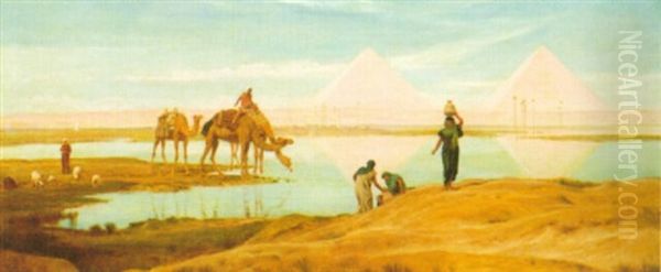 The Light Of The Rising Sun Upon The Pyramids Of Ghizeh Oil Painting by Frederick Goodall