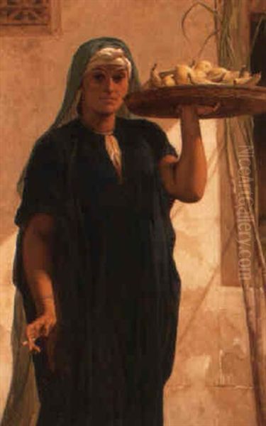 Beautiful Islamic Woman With Platter Of Lemons And Bananas Oil Painting by Frederick Goodall