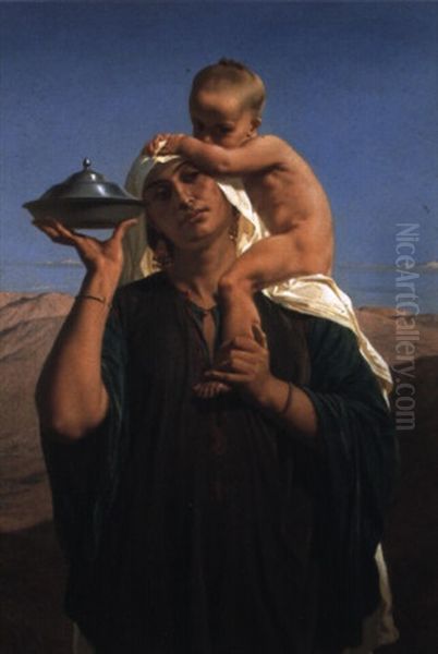 Bedouin Mother And Child - Afterglow Oil Painting by Frederick Goodall