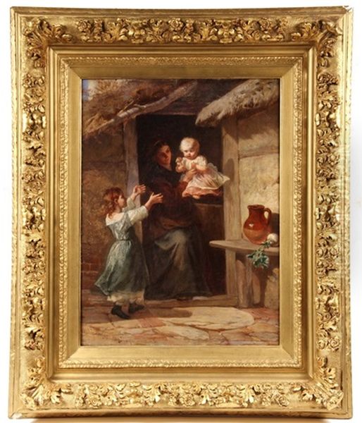 Young Mother With Two Daughters At Cottage Door Oil Painting by Walter Goodall