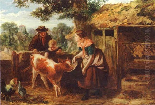 Feeding The Calf Oil Painting by Walter Goodall