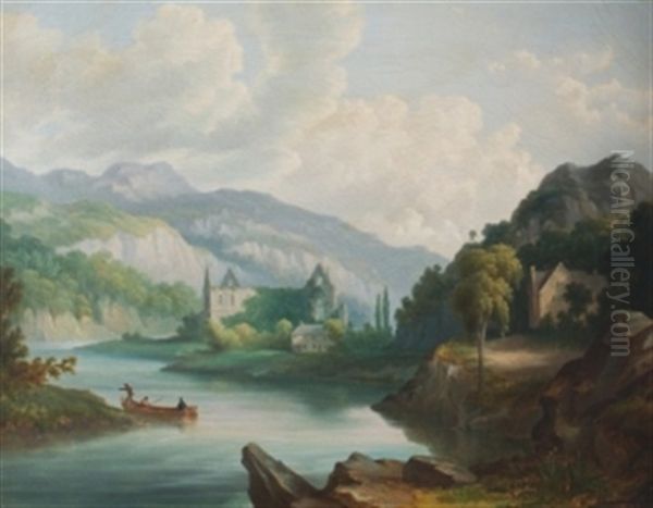 European Landscape With Figures Crossing A Lake Oil Painting by John Goodison