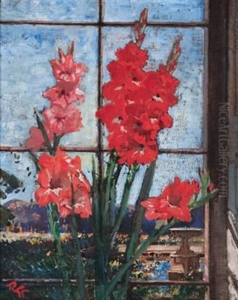 Gladioli In A Windowsill Oil Painting by Robert Gwelo Goodman