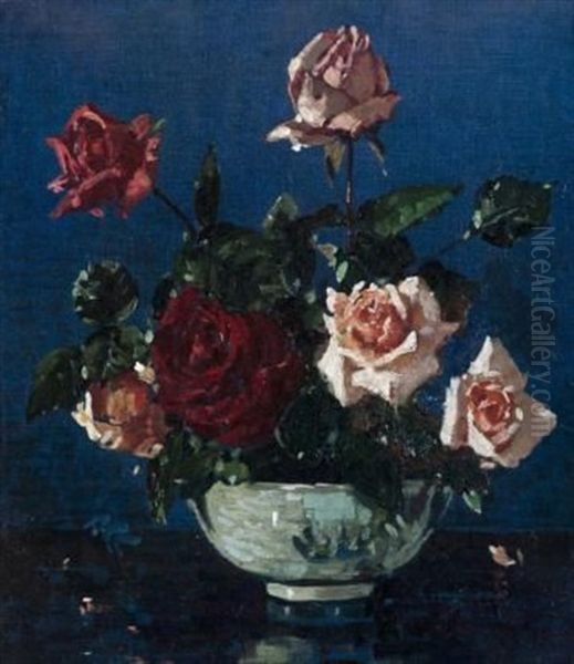 Roses In A Chinese Bowl Oil Painting by Robert Gwelo Goodman