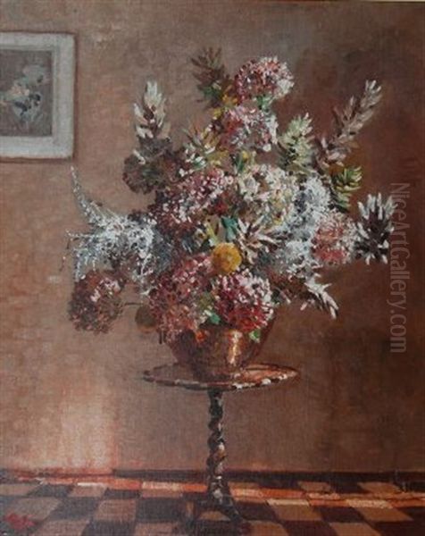 Still Life With Flowers In An Interior Oil Painting by Robert Gwelo Goodman