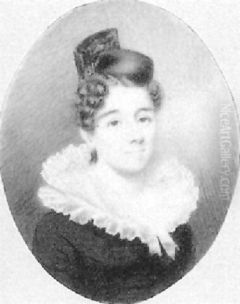 A Lady With Tortoiseshell Comb In Her Upswept Hair, Wearing Black Dress With Lace Ruff Collar Oil Painting by Elizabeth (Eliza) Goodridge