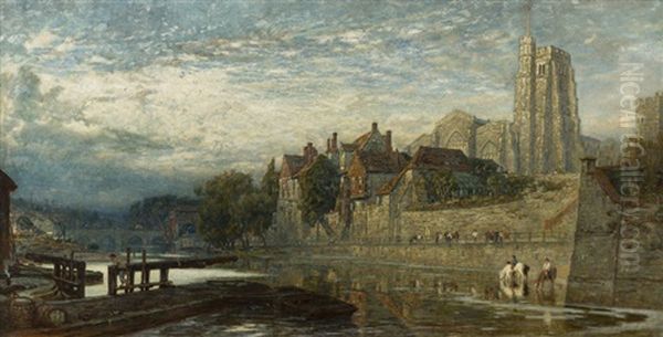 Cathedral Town On The River Oil Painting by Albert Goodwin