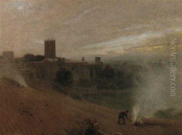 Bonfires At Dusk Oil Painting by Albert Goodwin