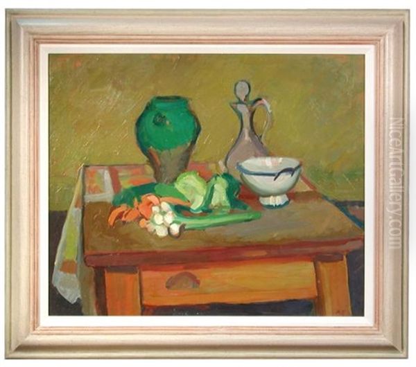 Still Life Of Jugs And Vegetables On A Butcher's Block Oil Painting by Arthur Clifton Goodwin