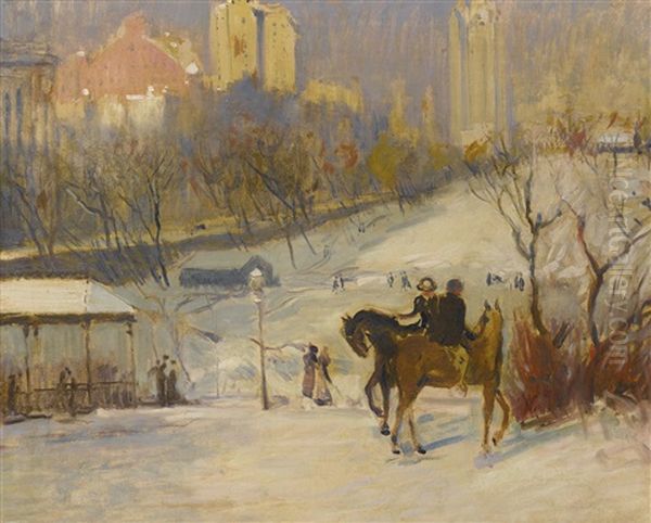 Horseback Riders In Central Park, Winter Oil Painting by Arthur Clifton Goodwin