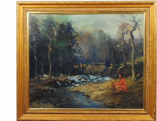 River Landscape With Indian Brave Oil Painting by Arthur Clifton Goodwin