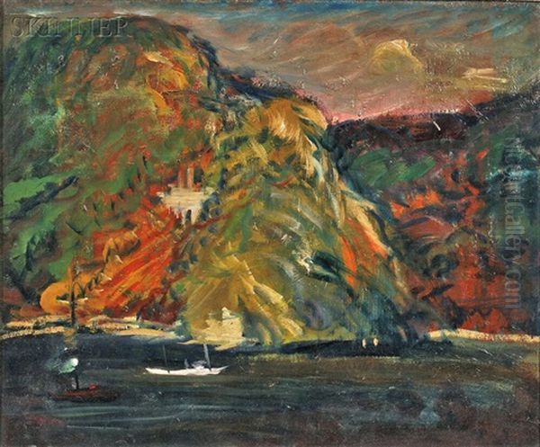 White Boat On The Hudson River Oil Painting by Arthur Clifton Goodwin