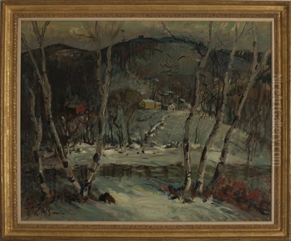 Winter Landscape With Farmhouses And Birches Oil Painting by Arthur Clifton Goodwin