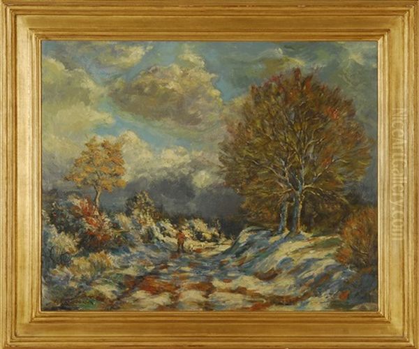 Winter Road, Depicting A Man Walking Two Dogs Through A Winter Landscape Oil Painting by Arthur Clifton Goodwin