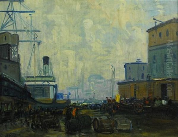 Boston Wharf Scene Oil Painting by Arthur Clifton Goodwin