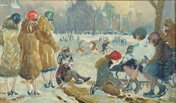 Skating At The Frog Pond, Boston's Public Garden Oil Painting by Arthur Clifton Goodwin