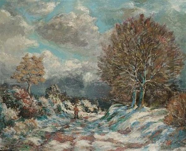 Man And The Dogs In Snowy Landscape Oil Painting by Arthur Clifton Goodwin