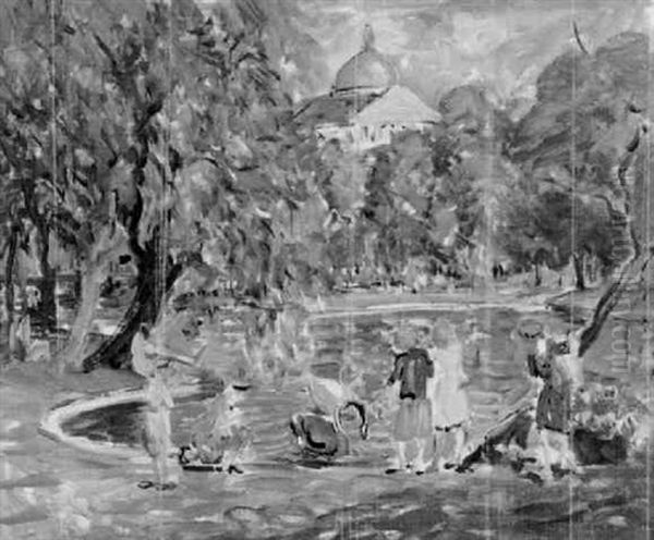 Feeding The Swans, Boston's Public Garden Oil Painting by Arthur Clifton Goodwin