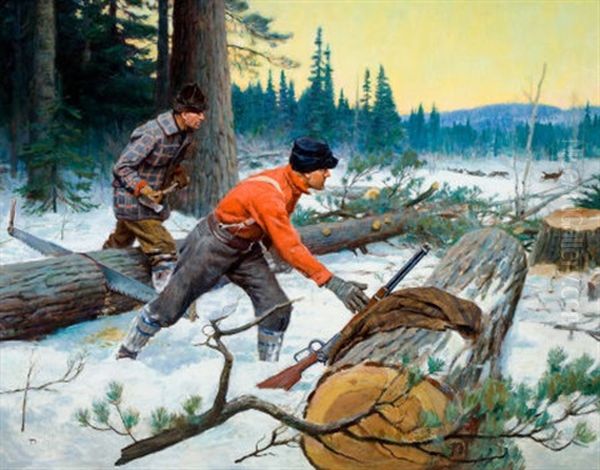 Loggers At Work Oil Painting by Philip Russell Goodwin