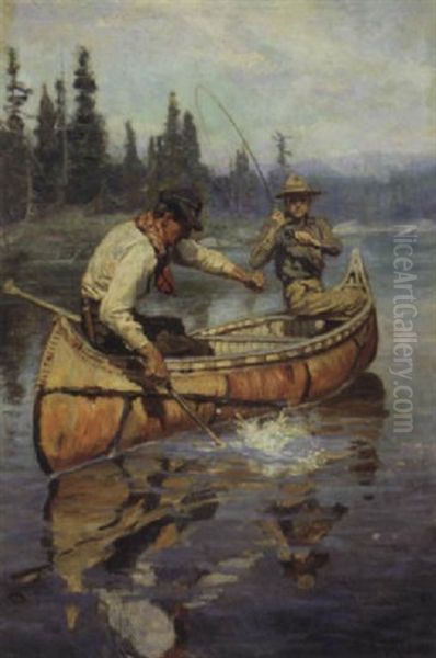 Two Fishermen In A Birch Canoe Oil Painting by Philip Russell Goodwin