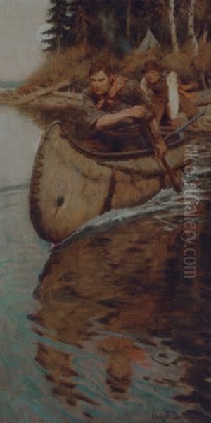 Launching A Canoe Oil Painting by Philip Russell Goodwin