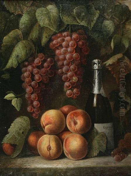 Still Life With Grapes, Peaches And A Bottle Of Wine Oil Painting by Richard La Barre Goodwin