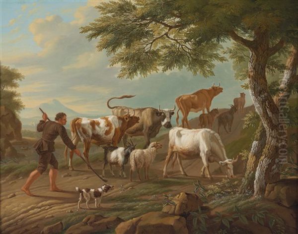 A Herdsman With His Cattle Oil Painting by Jan van Gool