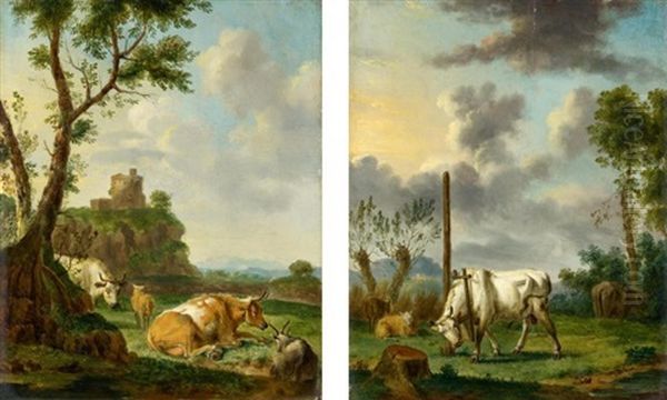 Zwei Gemalde: Landschaften Mit Weidendem Vieh (2 Works) Oil Painting by Jan van Gool