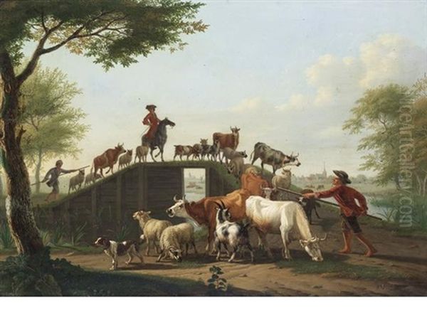 Drovers Crossing A Bridge With Their Flocks, A Town In The Distance by Jan van Gool